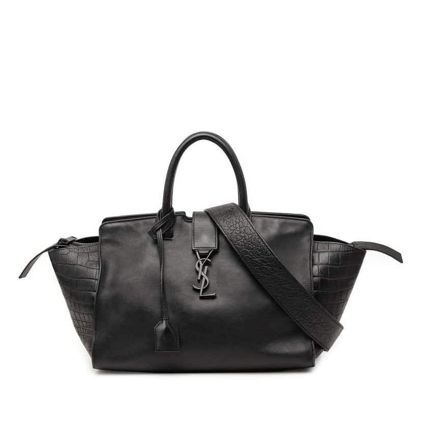 Saint Laurent Small Croc Embossed Trimmed Leather Downtown Cabas Satchel Black Leather Very good condition - Front View