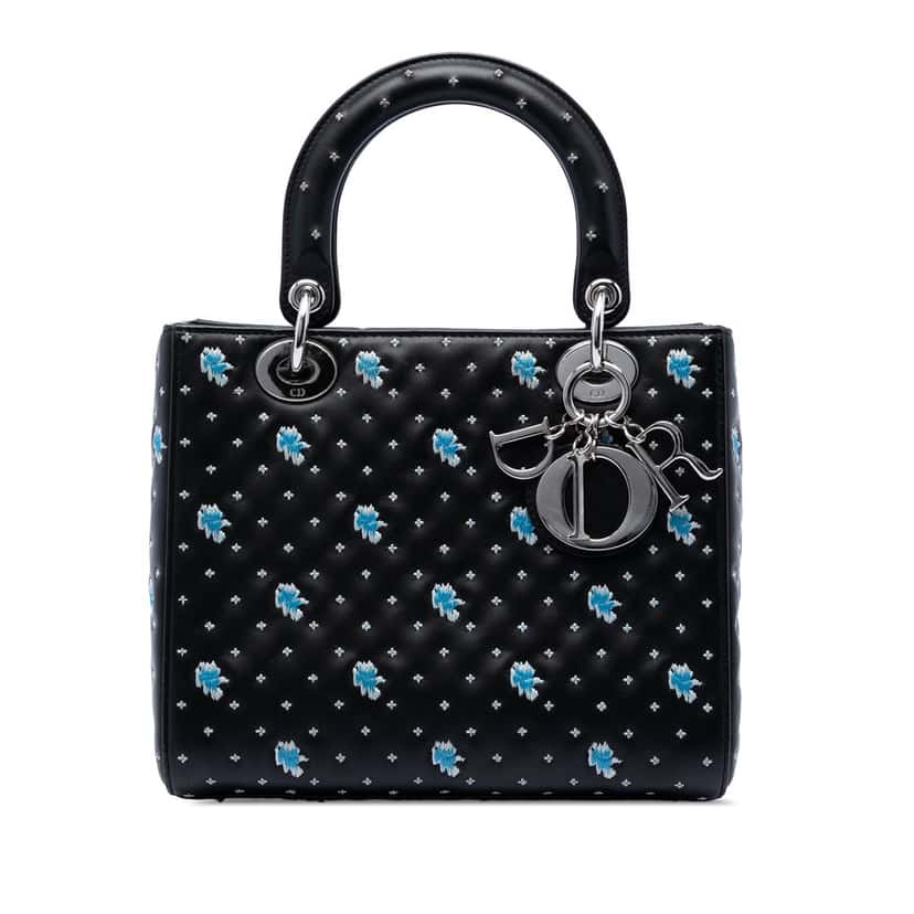 Dior Medium Calfskin Embroidered Flower Lady Dior Black Leather Very good condition - Front View