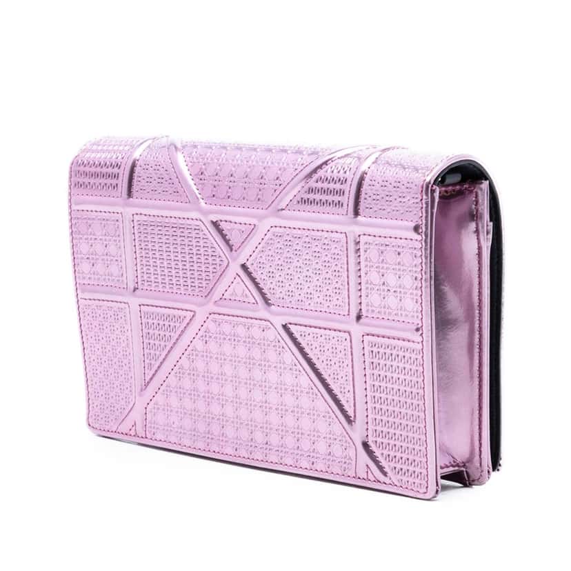 Dior Metallic Patent Microcannage Diorama Wallet on Chain Pink Leather Very good condition - Back View