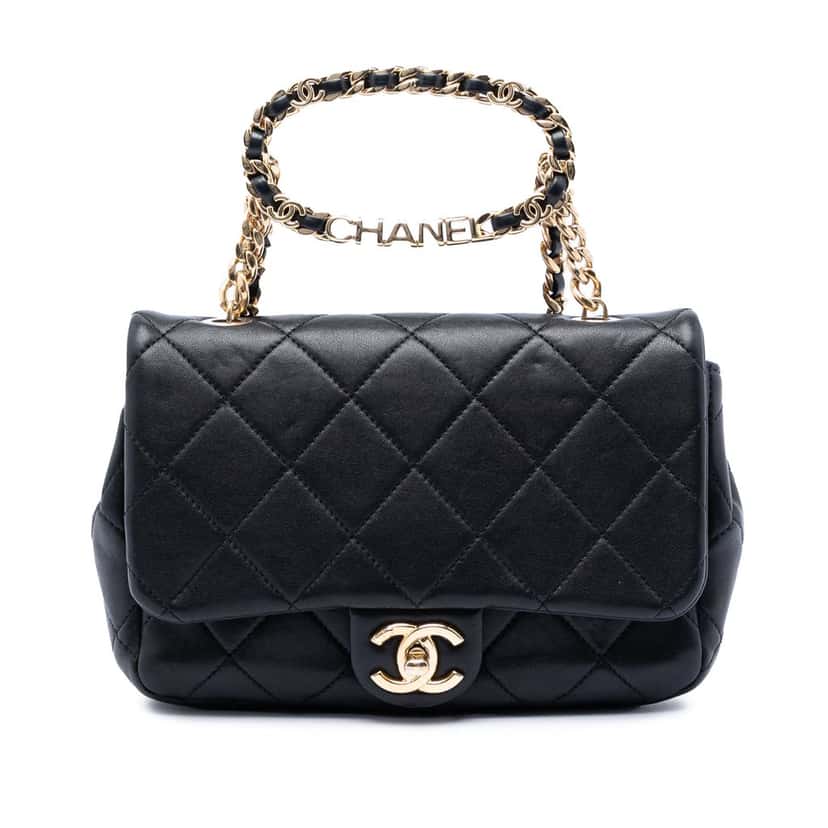 Chanel Small Quilted Lambskin Round Top Handle Flap Black Leather Very good condition - Front View