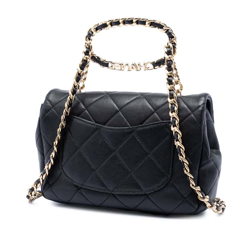Chanel Small Quilted Lambskin Round Top Handle Flap Black Leather Very good condition - Back View