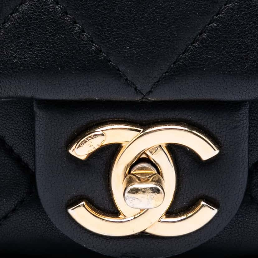 Chanel Small Quilted Lambskin Round Top Handle Flap Black Leather Very good condition - Box View