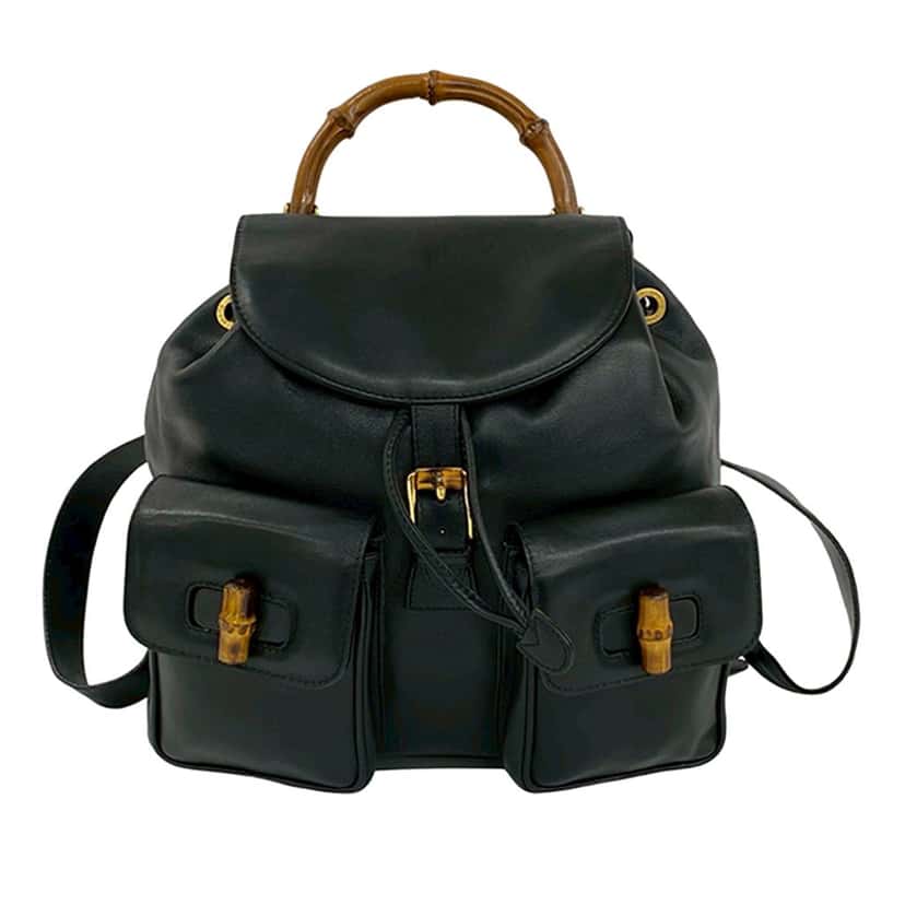 Gucci Calfskin Bamboo Drawstring Backpack Black Leather Very good condition - Front View