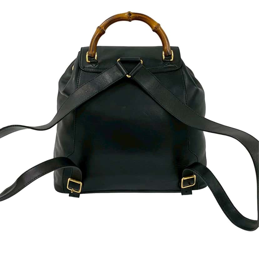 Gucci Calfskin Bamboo Drawstring Backpack Black Leather Very good condition - Back View