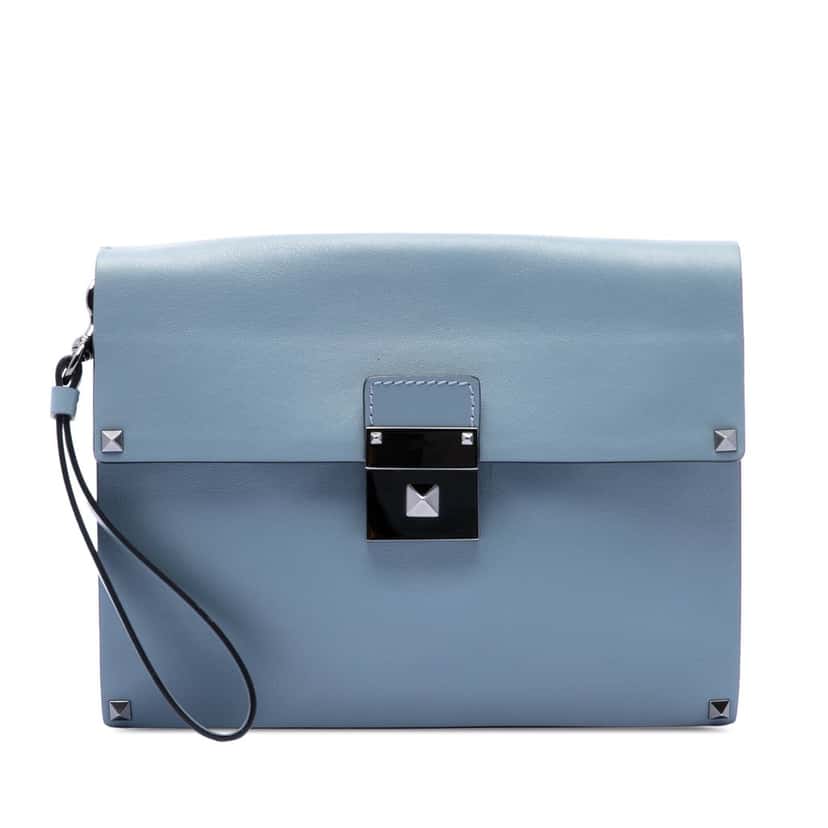 Valentino Leather Rockstud Wristlet Clutch Blue Leather Very good condition - Front View
