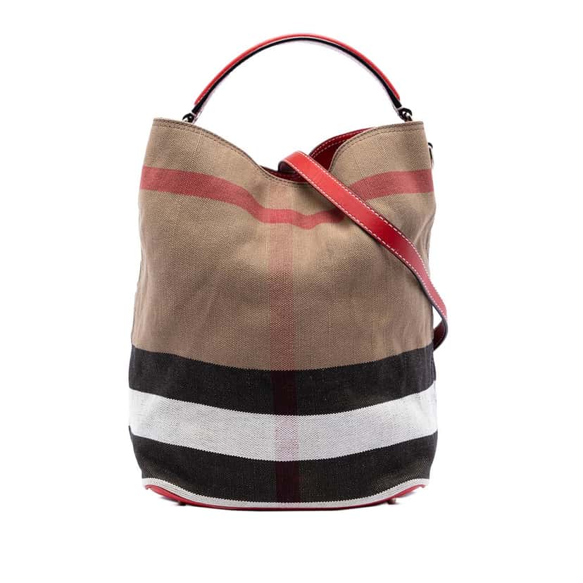 Burberry Medium Mega Check Canvas Ashby Bucket Bag Brown Very good condition - Front View