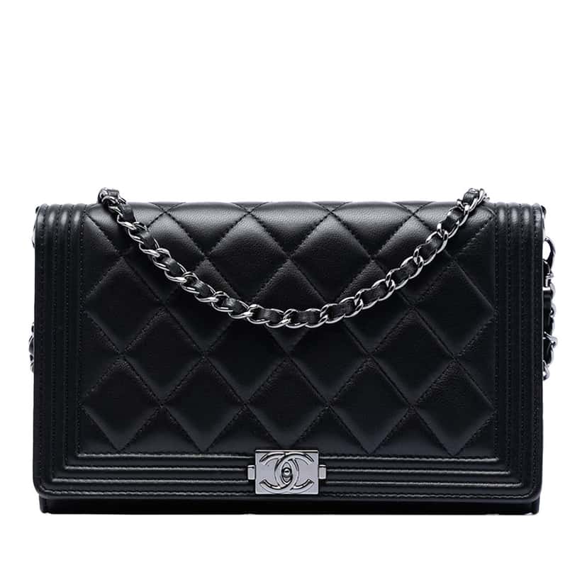 Chanel Quilted Lambskin Boy Wallet On Chain Black Leather Very good condition - Front View