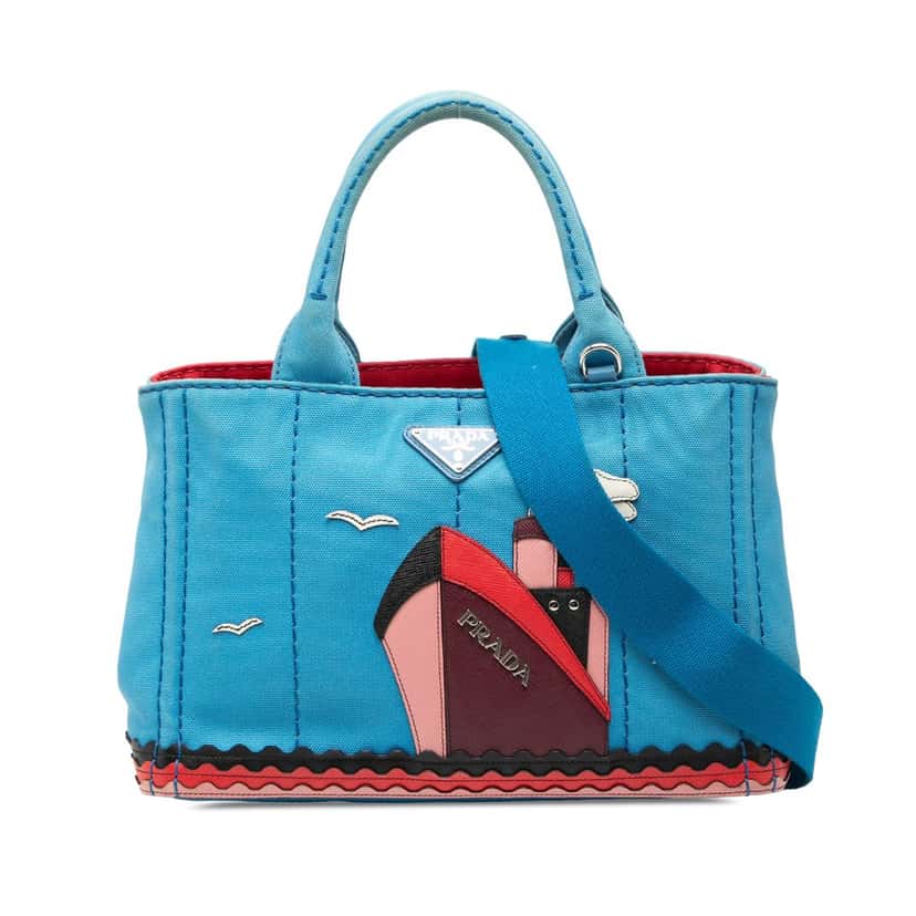 Prada Small Canvas Canapa Nautical Patch Satchel Blue Very good condition - Front View