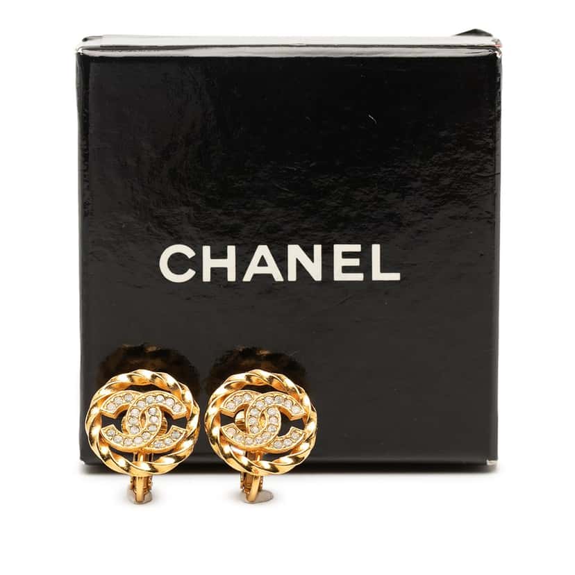 Chanel Gold Plated CC Crystal Twisted Round Clip On Earrings Gold Metal Never worn, with tag - Box View