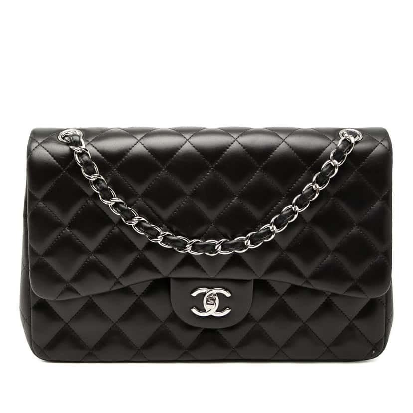 Chanel Jumbo Classic Lambskin Double Flap Black Leather Very good condition - Front View