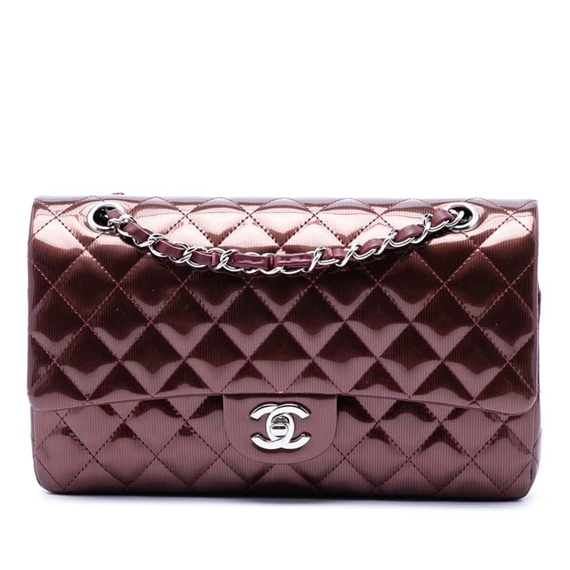 Chanel Medium Classic Striped Patent Double Flap Red Leather Very good condition - Front View