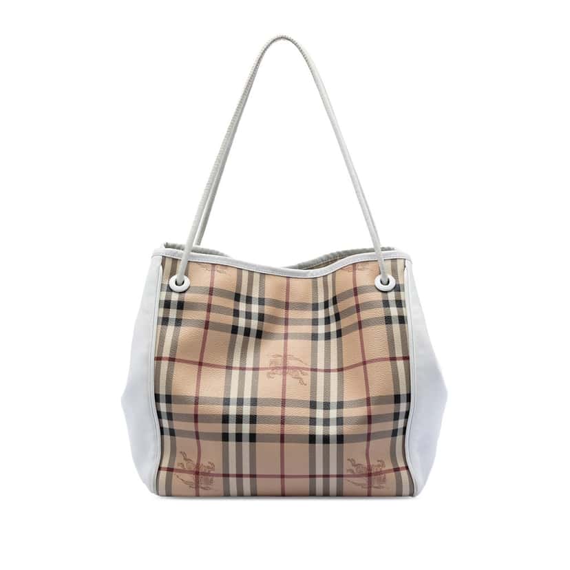 Burberry Small Leather Trimmed Haymarket Check Coated Canvas Canterbury Tote Beige Very good condition - Front View