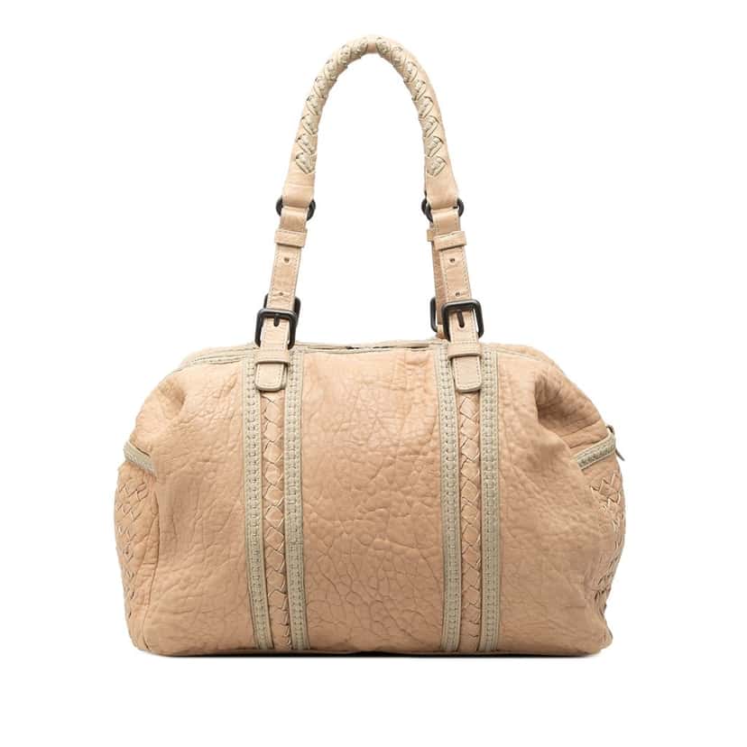 Bottega Veneta Intrecciato Trimmed Pebbled Lambskin Top Handle Bag Beige Leather Very good condition - Front View