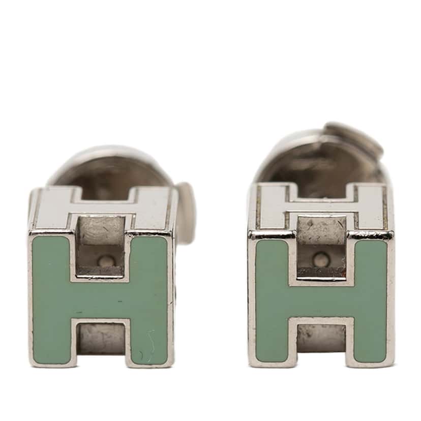 Hermès Palladium Plated Enamel Cage dH Cube Push Back Earrings Green Metal Very good condition - Front View
