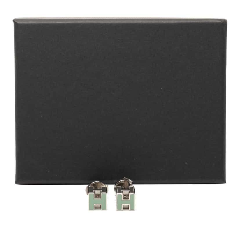 Hermès Palladium Plated Enamel Cage dH Cube Push Back Earrings Green Metal Very good condition - Model View