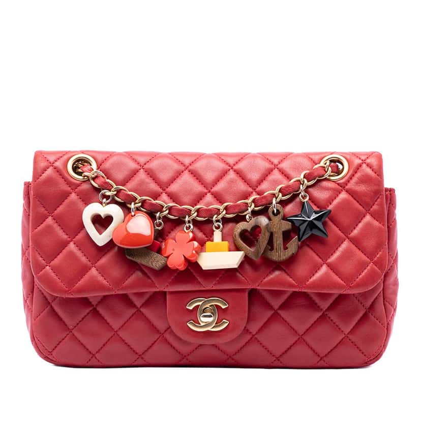Chanel Medium Classic Lambskin Marine Charms Single Flap Red Leather Very good condition - Front View