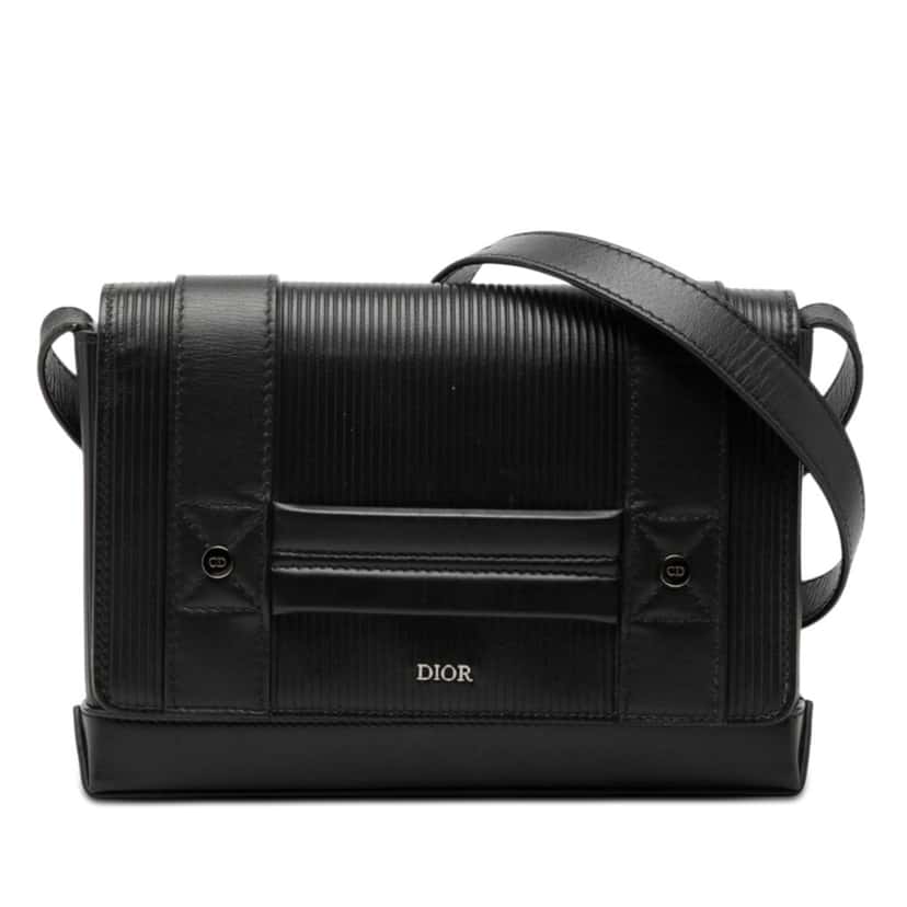 Dior Ribbed Calfskin Flap Messenger Bag Black Leather Very good condition - Front View