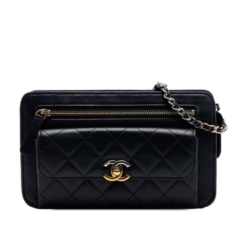 Chanel Quilted Lambskin Front Pocket Clutch With Chain Black Leather Very good condition - Front View