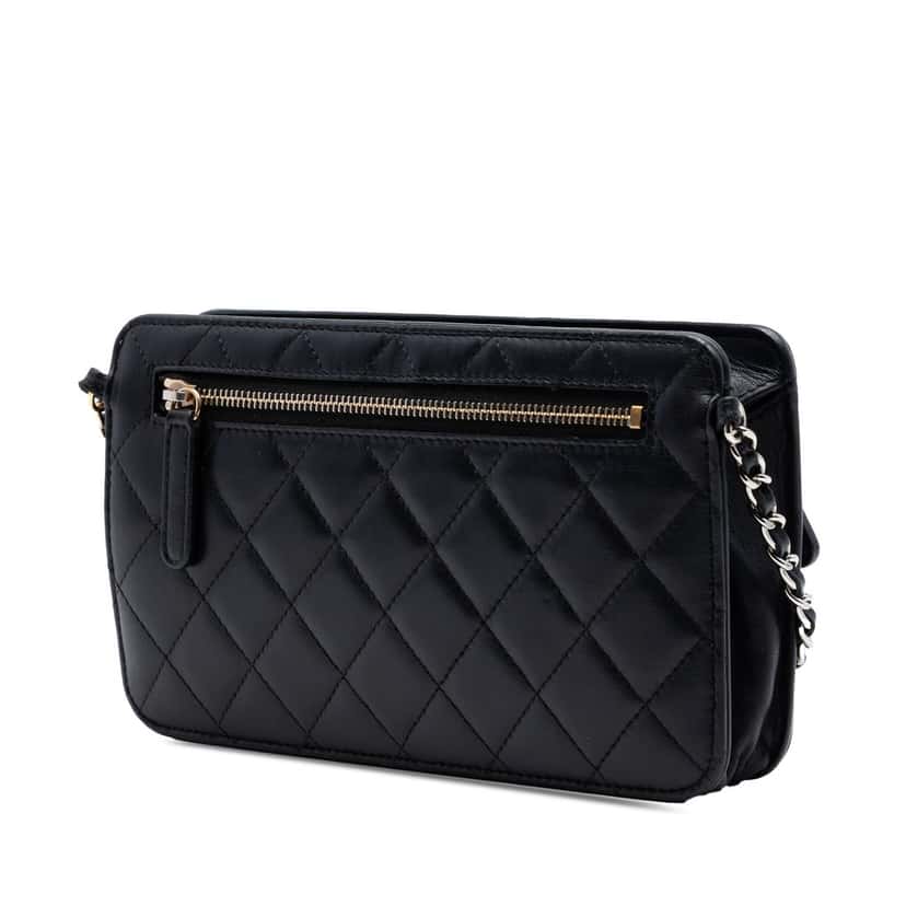 Chanel Quilted Lambskin Front Pocket Clutch With Chain Black Leather Very good condition - Back View