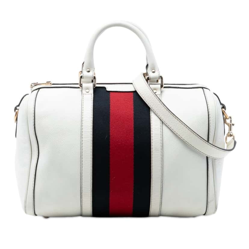 Gucci Medium Calfskin Web Joy Boston Bag White Leather Very good condition - Front View