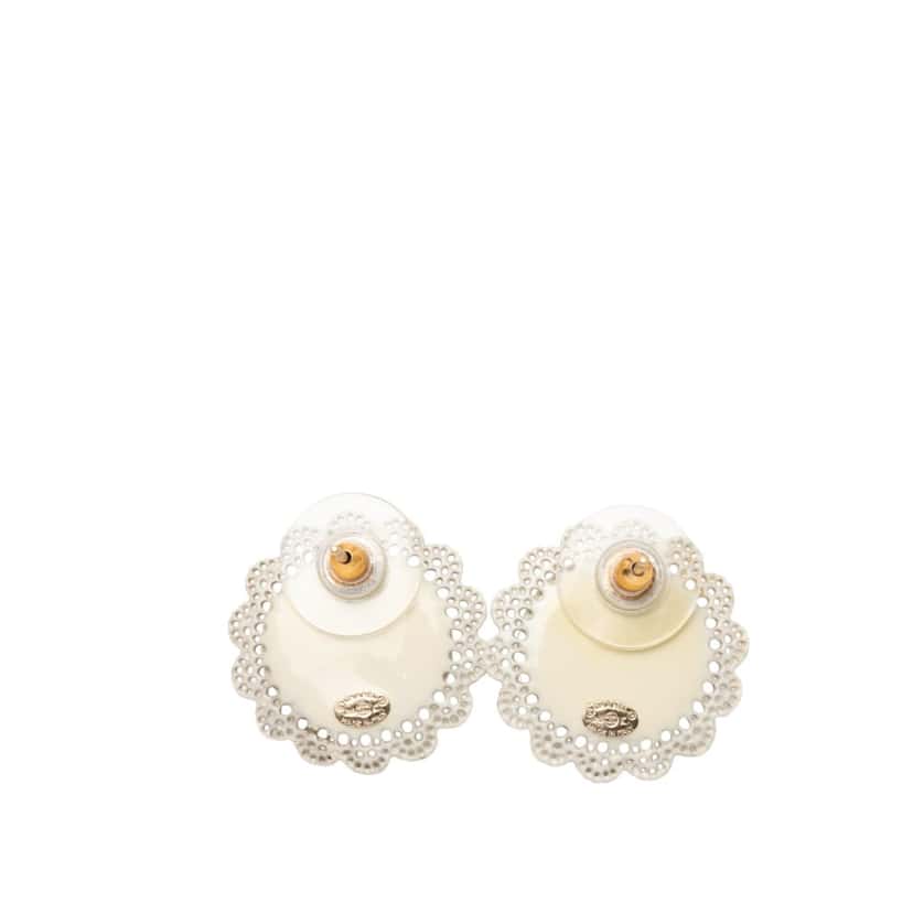 Chanel CC Gold Plated Faux Pearl Lace Push Back Earrings Gold Metal Very good condition - Back View