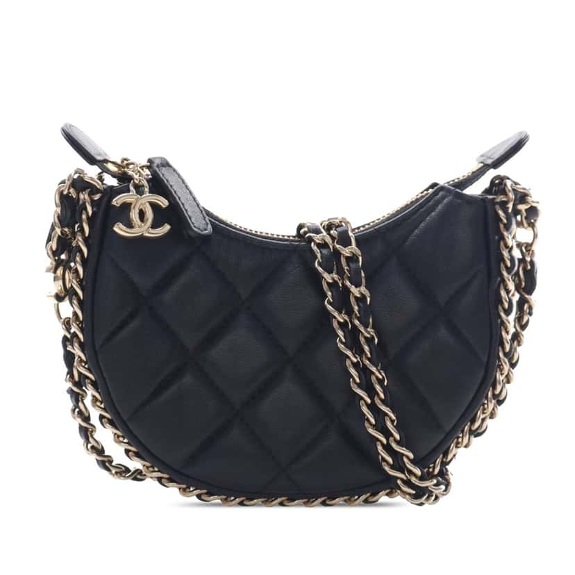 Chanel Mini Quilted Lambskin Chain Around Hook Hobo Black Leather Very good condition - Front View