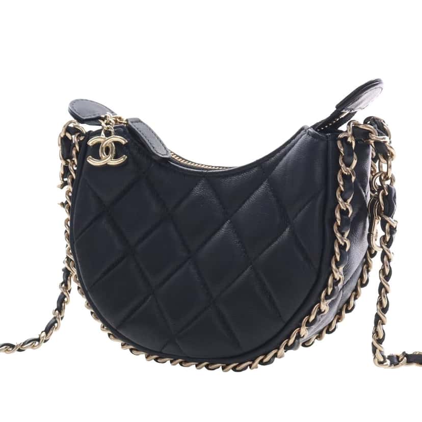Chanel Mini Quilted Lambskin Chain Around Hook Hobo Black Leather Very good condition - Box View
