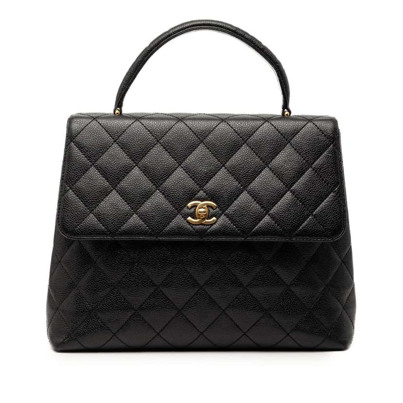 Chanel CC Quilted Caviar Kelly Top Handle Bag Black Leather Very good condition - Front View