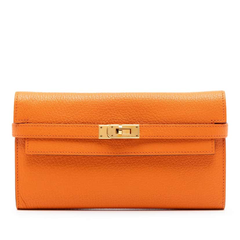 Hermès Chevre Mysore Kelly Longue Wallet Orange Leather Very good condition - Front View