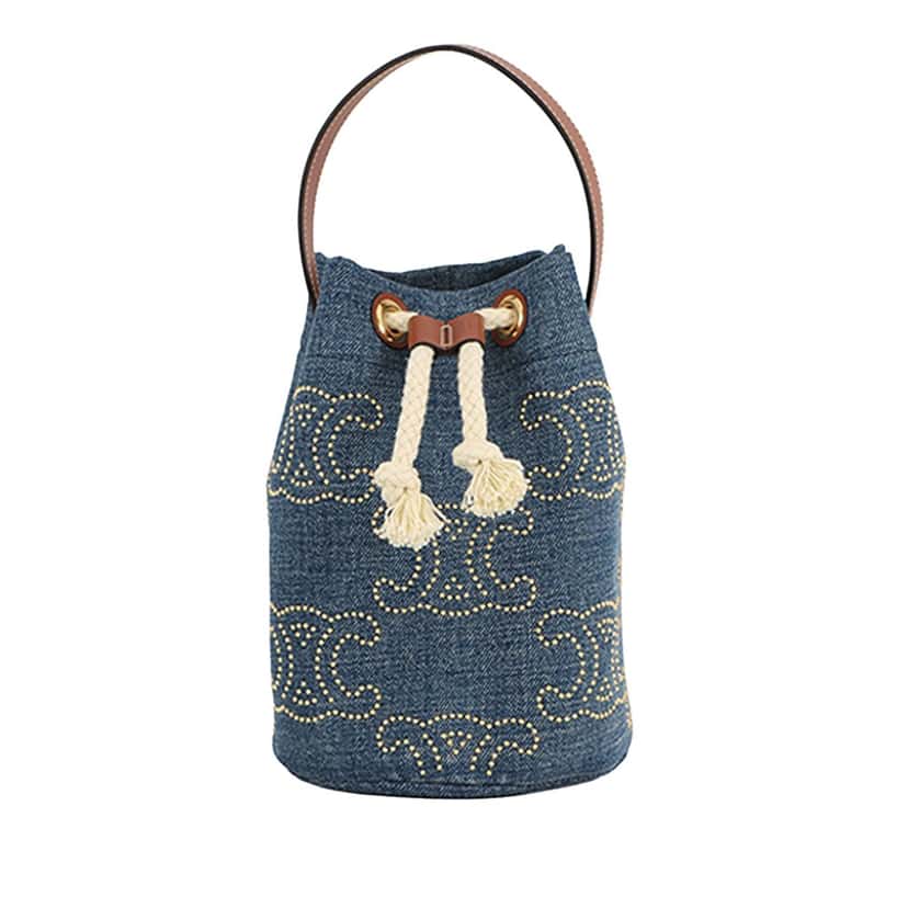 Celine Small Denim Triomphe Drawstring Bucket Bag Blue Very good condition - Front View