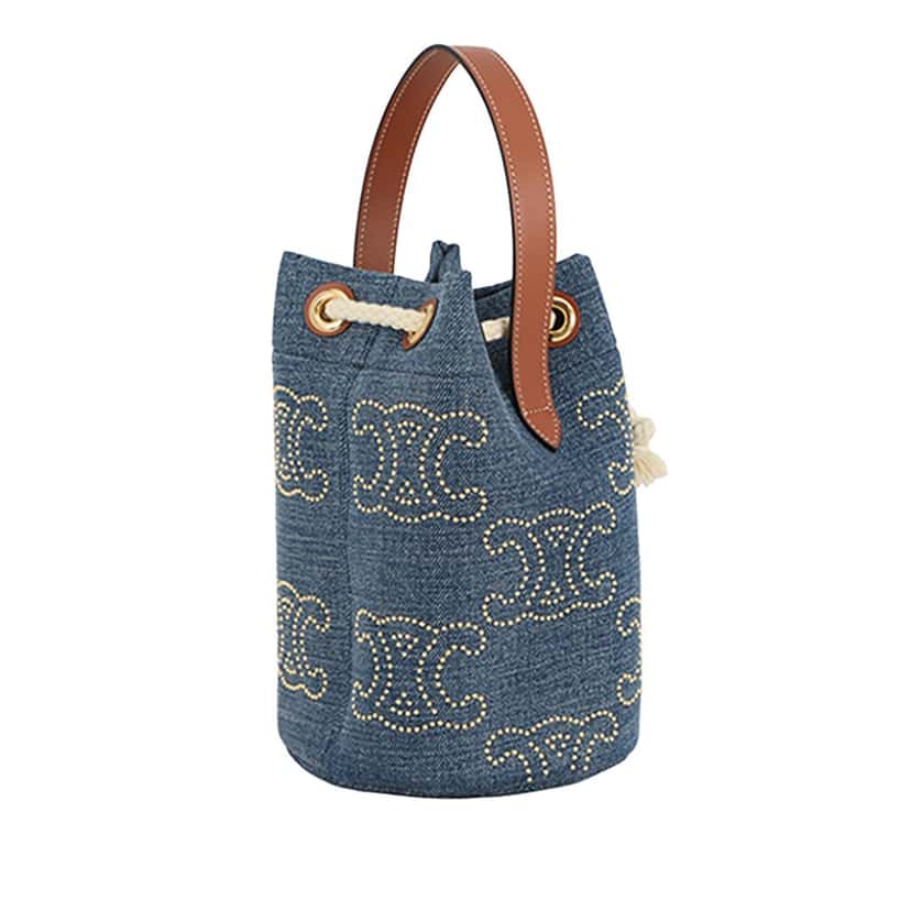 Celine Small Denim Triomphe Drawstring Bucket Bag Blue Very good condition - Back View