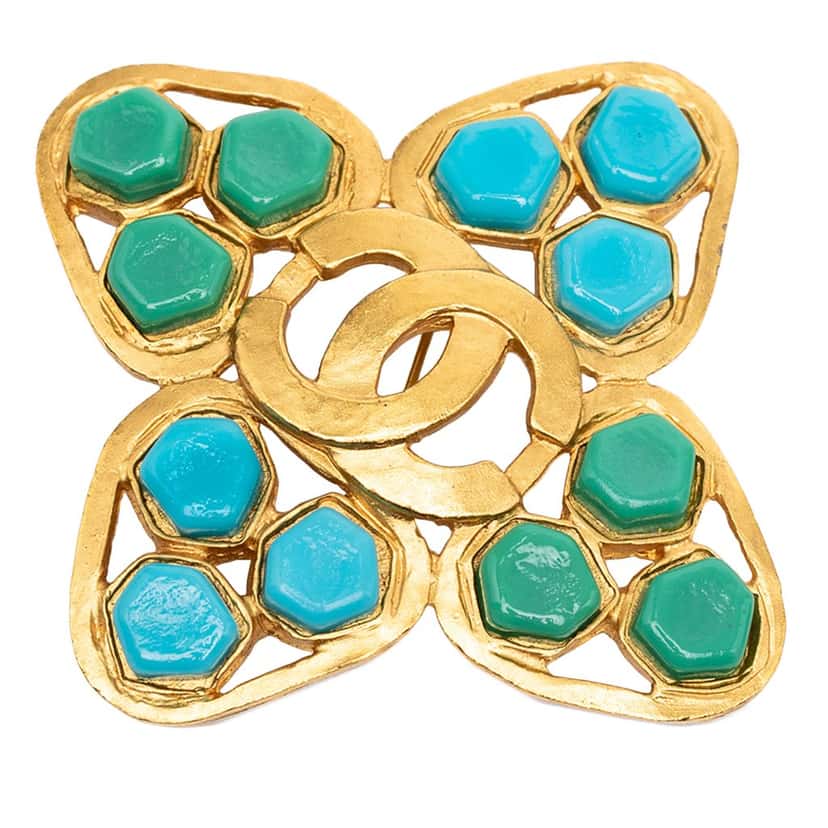 Chanel CC Gold Plated Clover Gripoix Brooch Gold Metal Very good condition - Front View