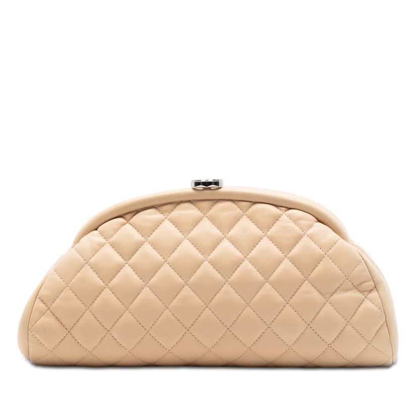 Chanel Quilted Lambskin Timeless Kisslock Clutch Beige Leather Very good condition - Front View