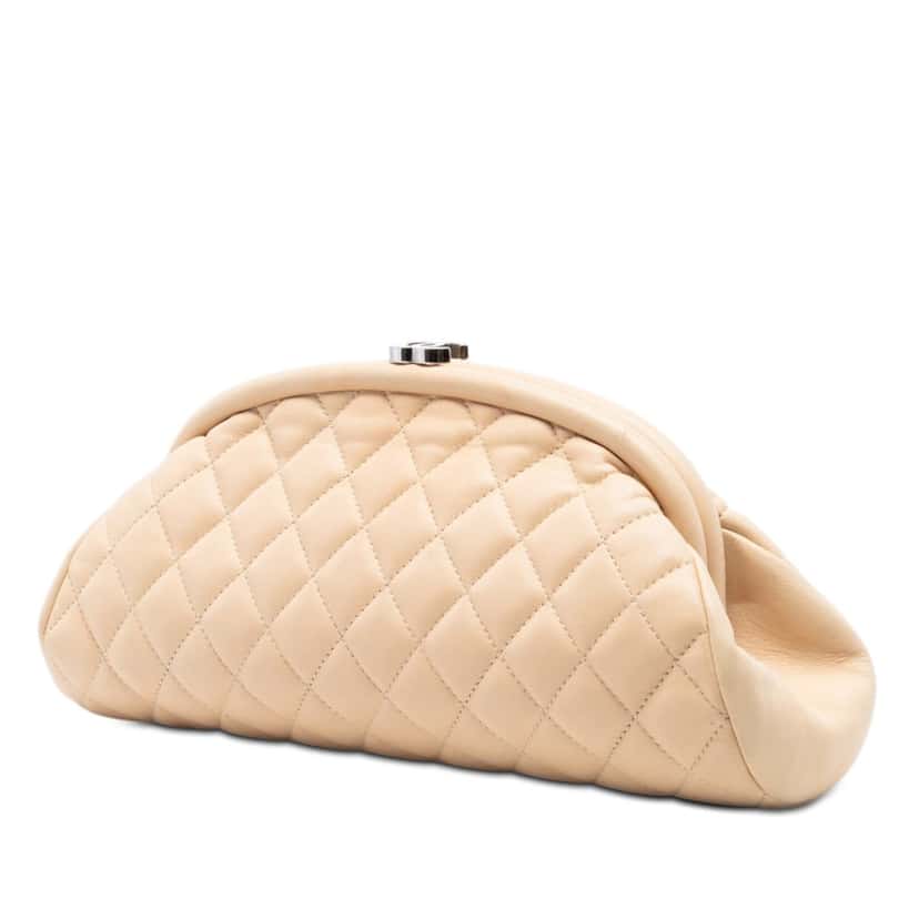 Chanel Quilted Lambskin Timeless Kisslock Clutch Beige Leather Very good condition - Back View