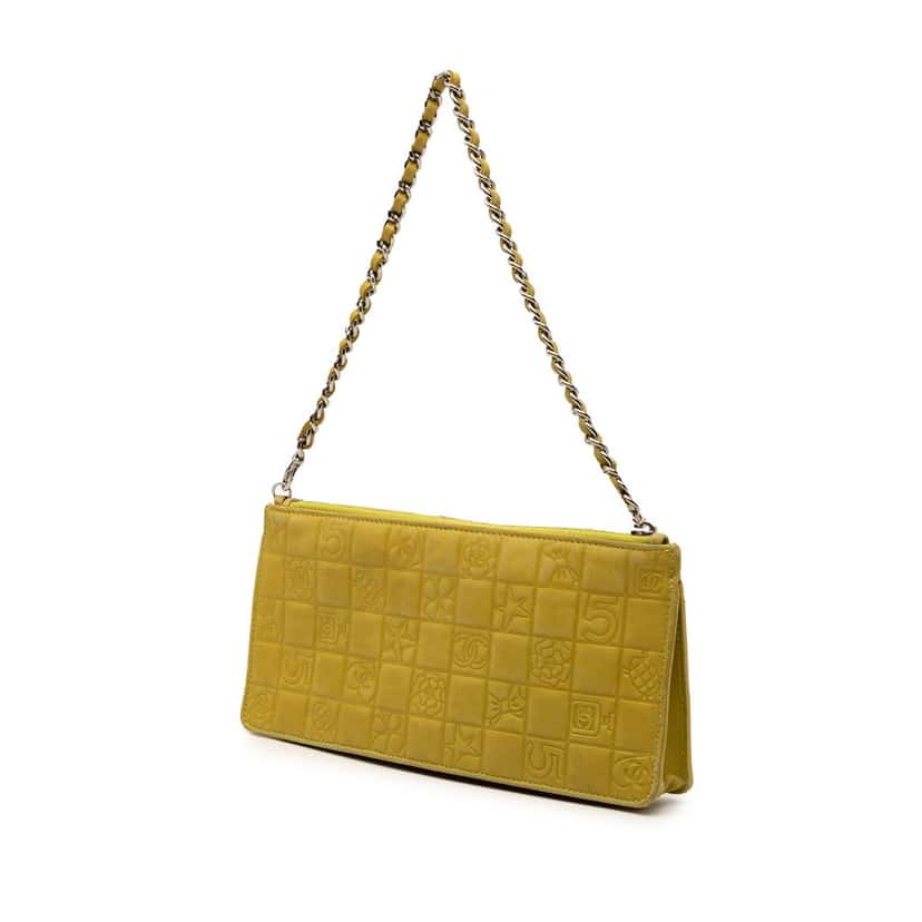 Chanel Lambskin Precious Symbols Pochette Yellow Leather Very good condition - Back View