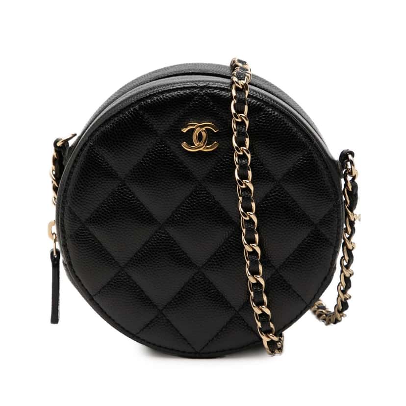 Chanel CC Quilted Caviar Round Clutch With Chain Black Leather Very good condition - Front View