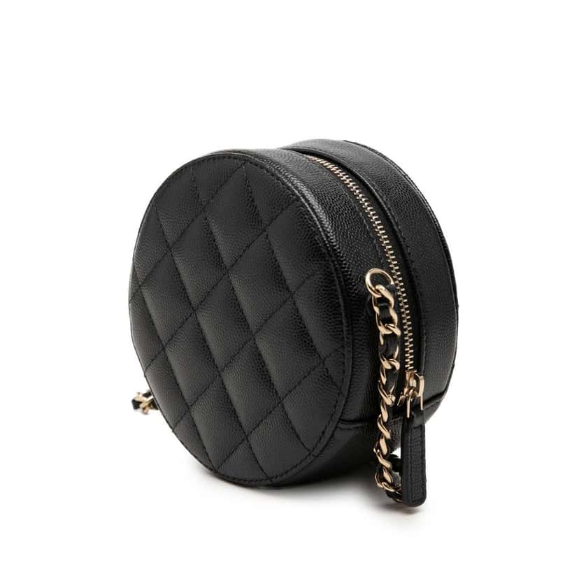 Chanel CC Quilted Caviar Round Clutch With Chain Black Leather Very good condition - Back View