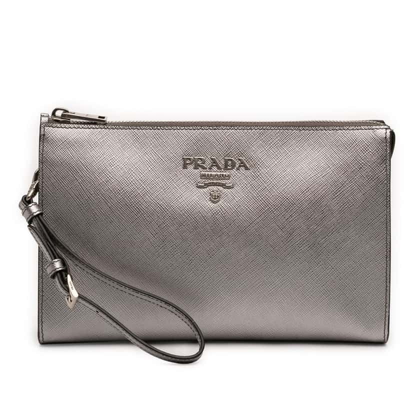 Prada Metallic Saffiano Wristlet Clutch Silver Leather Very good condition - Front View