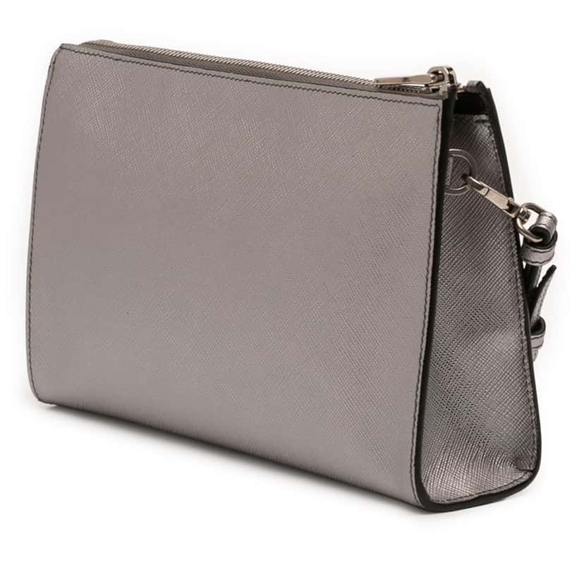 Prada Metallic Saffiano Wristlet Clutch Silver Leather Very good condition - Back View