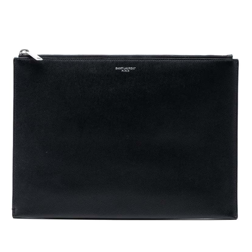 Saint Laurent Grained Leather Zip Clutch Black Leather Very good condition - Front View