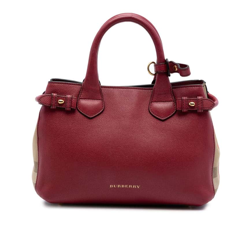 Burberry Small Grainy Calfskin and House Check Banner Satchel Red Leather Very good condition - Front View