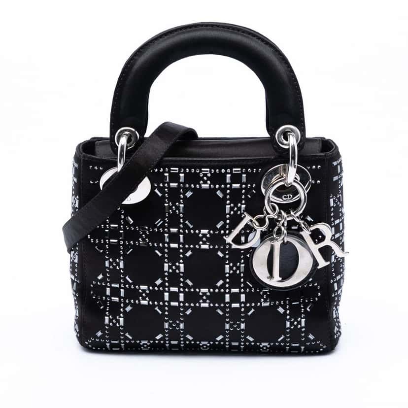Dior Mini Satin Cannage Strass Crystal Embellished Lady Dior Black Very good condition - Front View