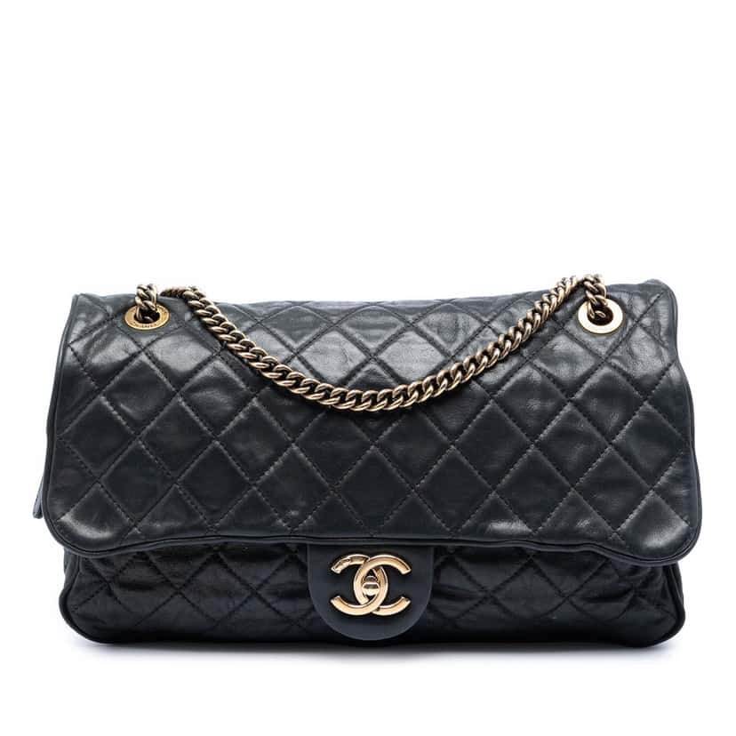 Chanel Large Quilted Iridescent Calfskin Shiva Flap Black Leather Very good condition - Front View