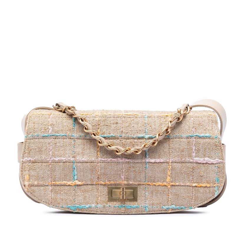 Chanel Tweed Chocolate Bar Mademoiselle Turnlock Satchel Beige Very good condition - Front View