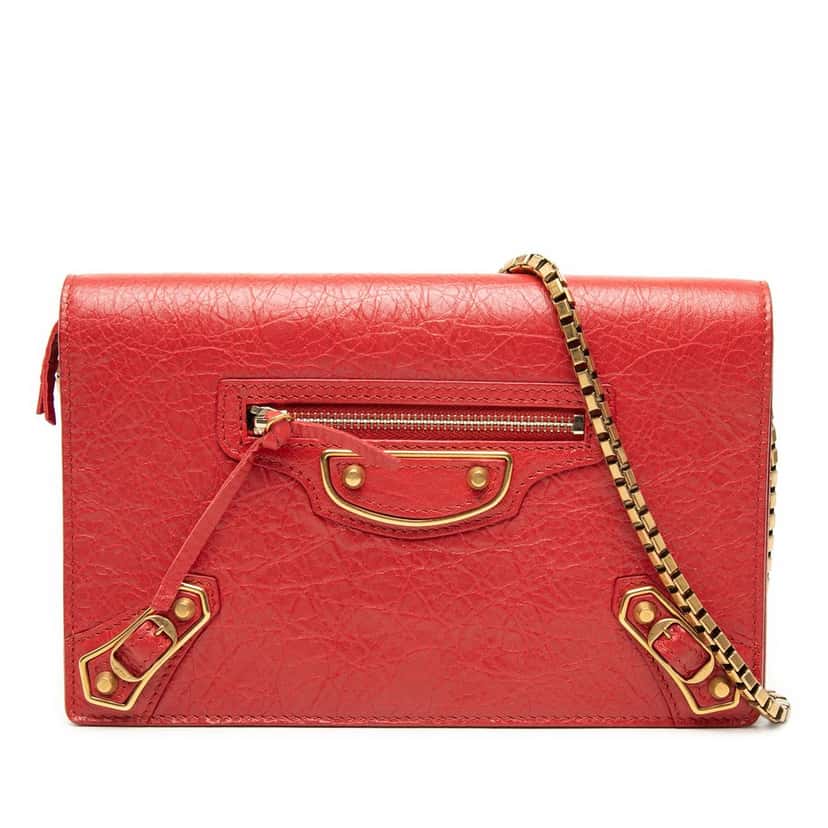 Balenciaga Chevre Motocross Metallic Edge Wallet on Chain Red Leather Very good condition - Front View