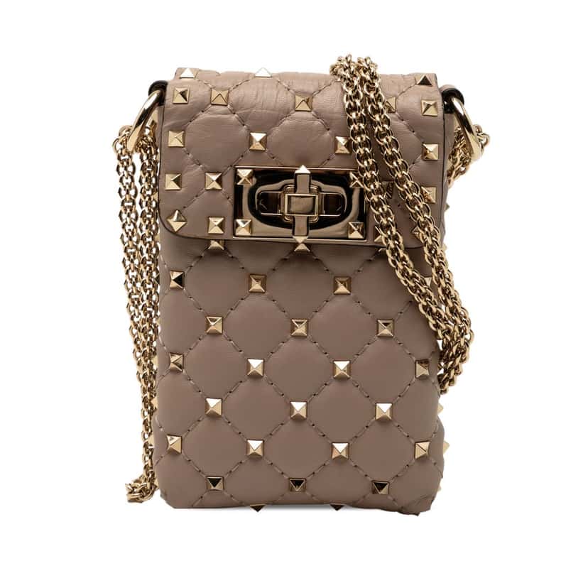 Valentino Lambskin Rockstud Spike Phone Case Crossbody Brown Leather Very good condition - Front View