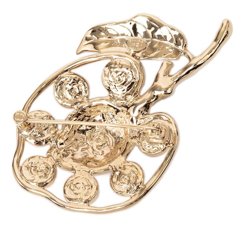 Chanel Gold Plated CC Strass and Gripoix Fruit Pin Brooch Gold Metal Very good condition - Back View