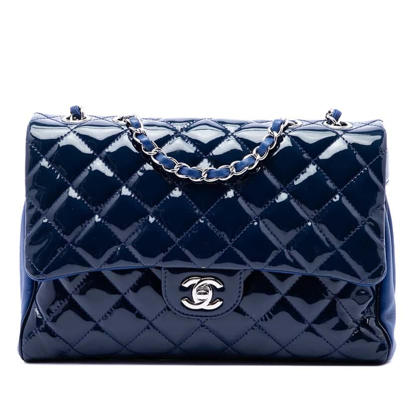 Chanel Large CC Quilted Patent Double Compartment Flap Blue Leather Very good condition - Front View