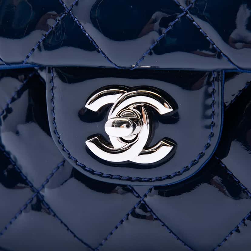Chanel Large CC Quilted Patent Double Compartment Flap Blue Leather Very good condition - Box View