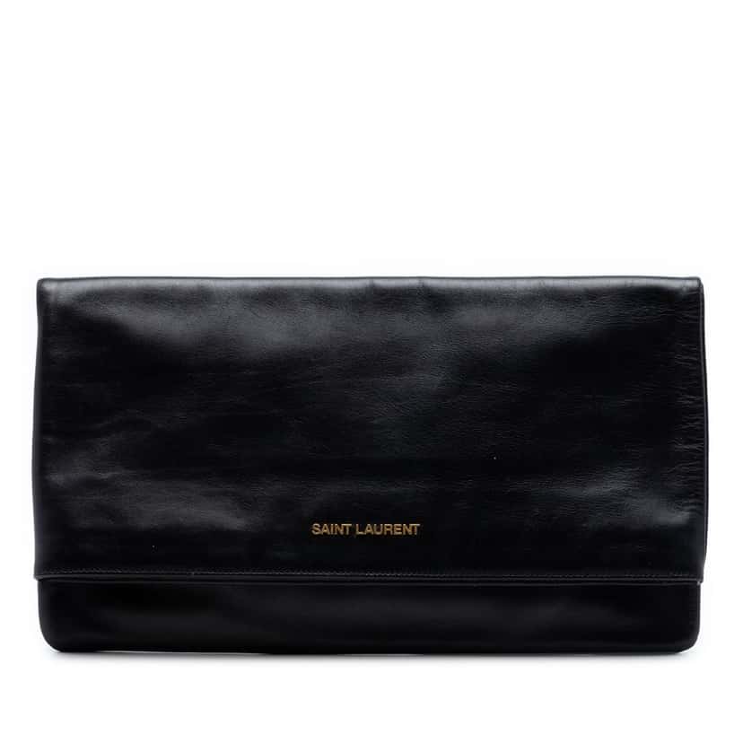 Saint Laurent Leather Letters Fold Over Clutch Black Leather Very good condition - Front View